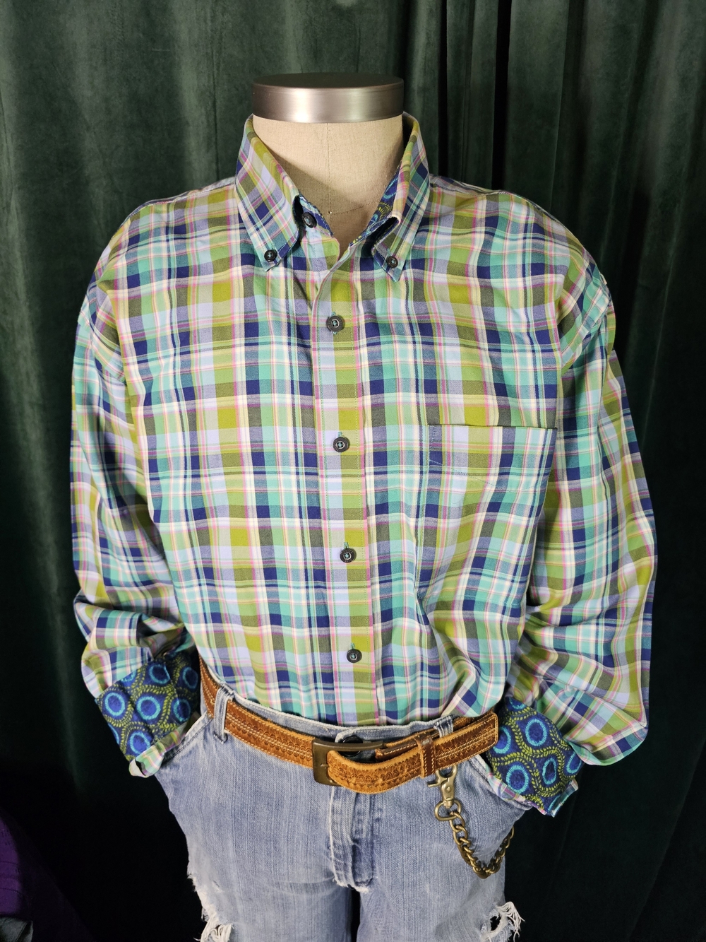 Alan Flusser Men's Plaid Button-Down Shirt in Green and Blue